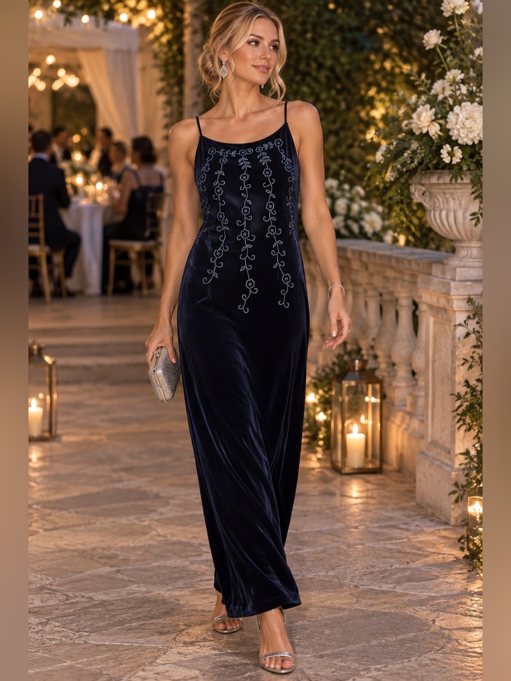 Sleeveless Navy Velvet Maxi Dress with Embroidered Front